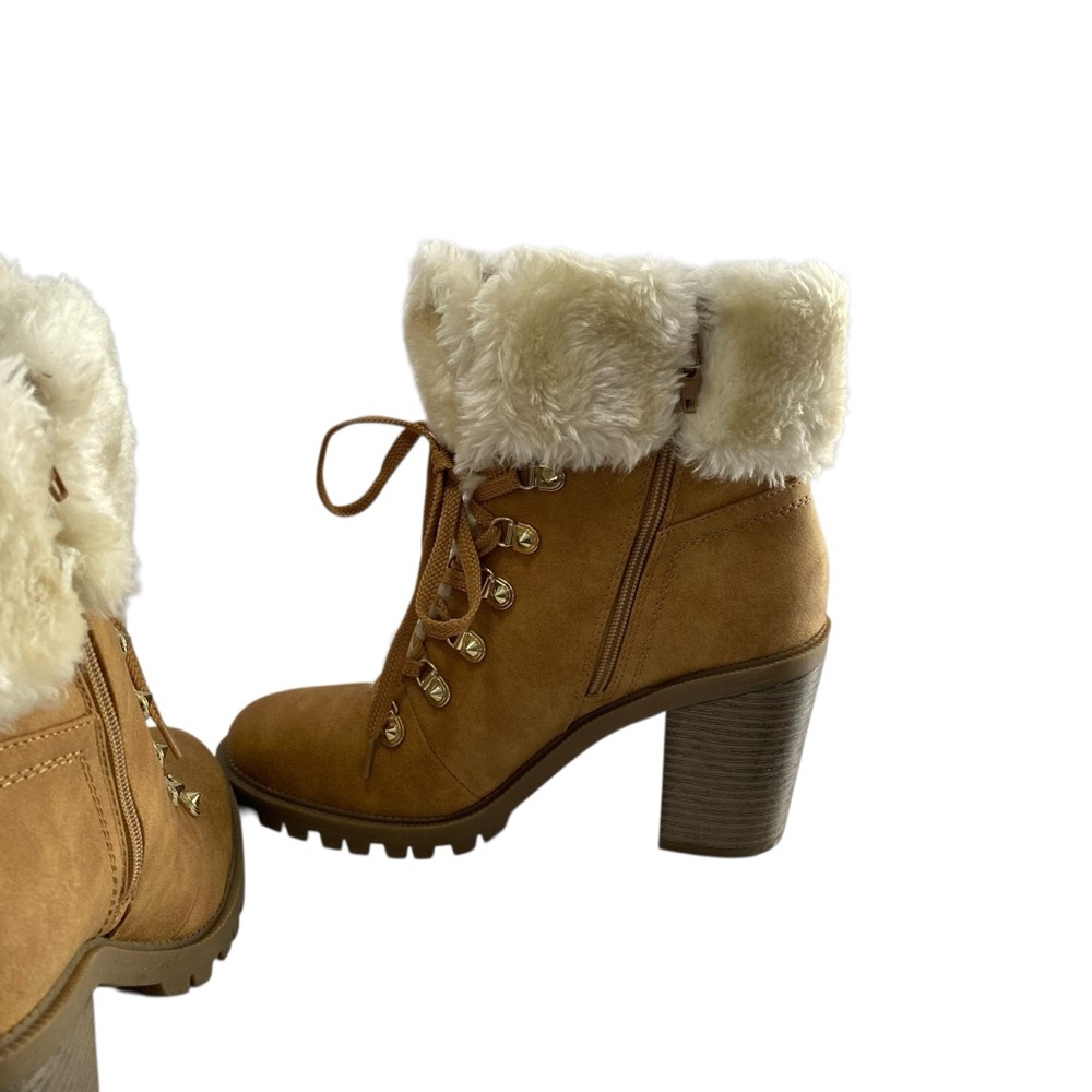 Guess‎ Hiker Grunge Fur Lug Sole Sweater Ankle Booties 9M Camel Chunky Jursy New - Picture 6 of 10